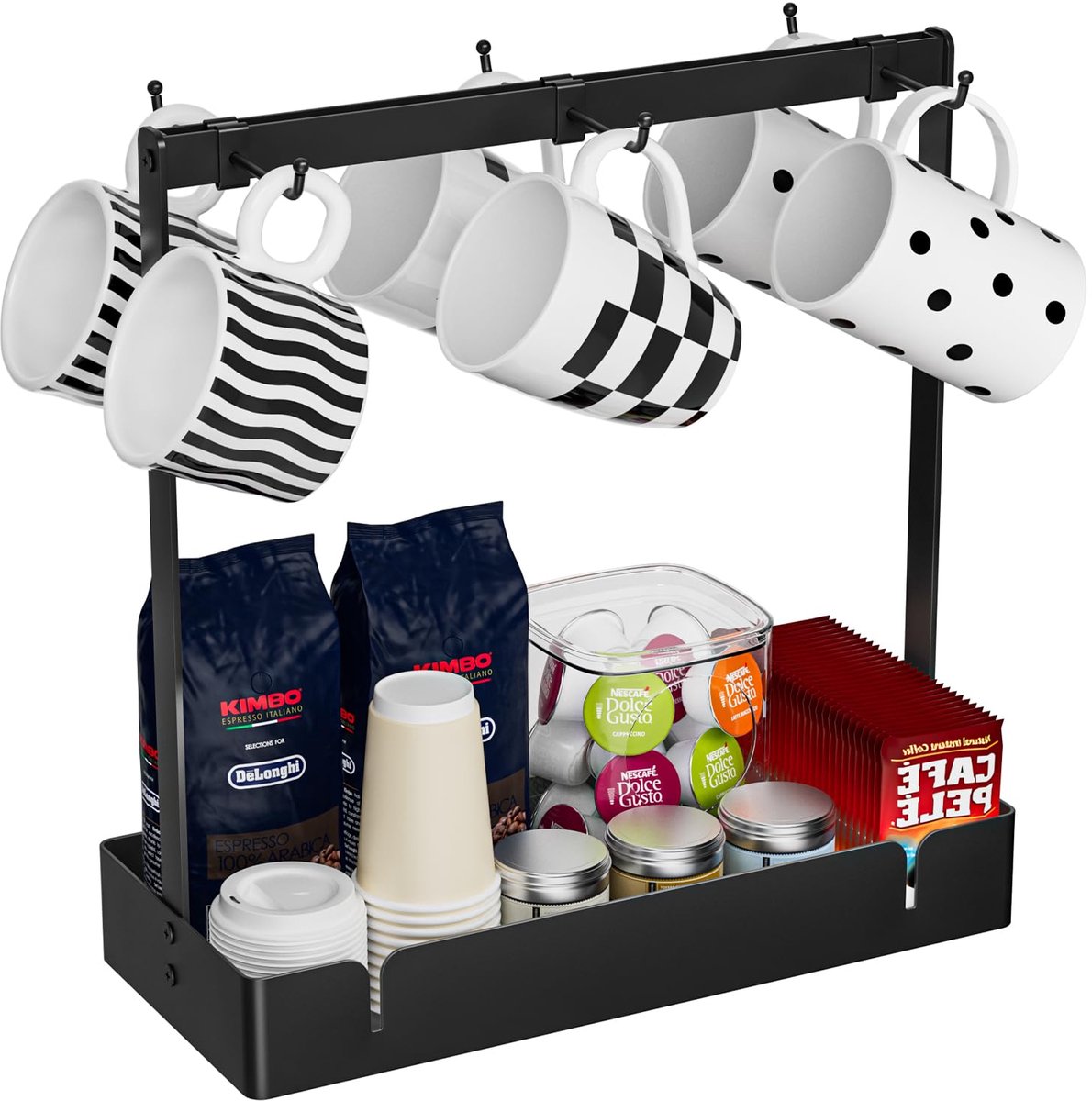Ibenzoa® Stijlvolle Metalen Bekerhouder met Verstelbare Haken en Opbergruimte voor Koffie Accessoires