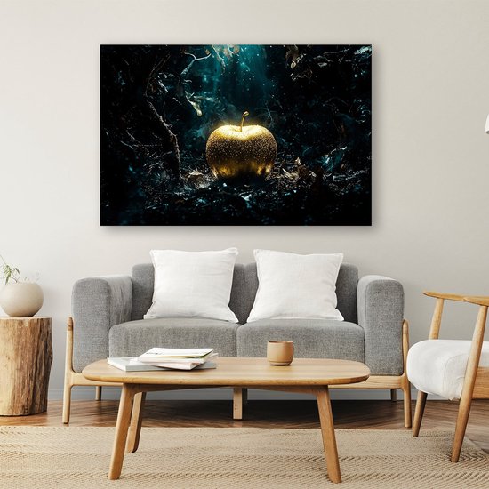 Œuvre d'art mystique pomme dorée - Toile Goud - Pomme sur toile - Hyperréalisme - Peintures champêtres - Accessoires de bureau - Toile 150x100 cm