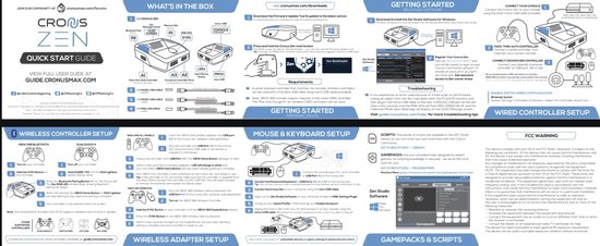 De quick start guide van Cronus Zen toont een handleiding met illustraties voor het instellen van de adapter en controllers.