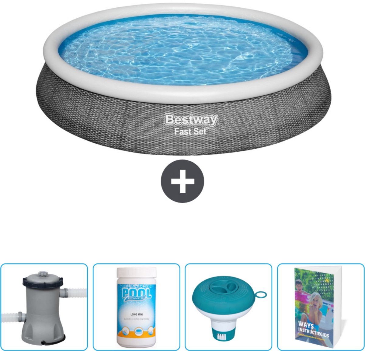 Bestway Rond Opblaasbaar Fast Set Zwembad - Rotanprint - 396 x 84 cm - Inclusief Pomp Chloor - Chloordrijver - Zwembadgids