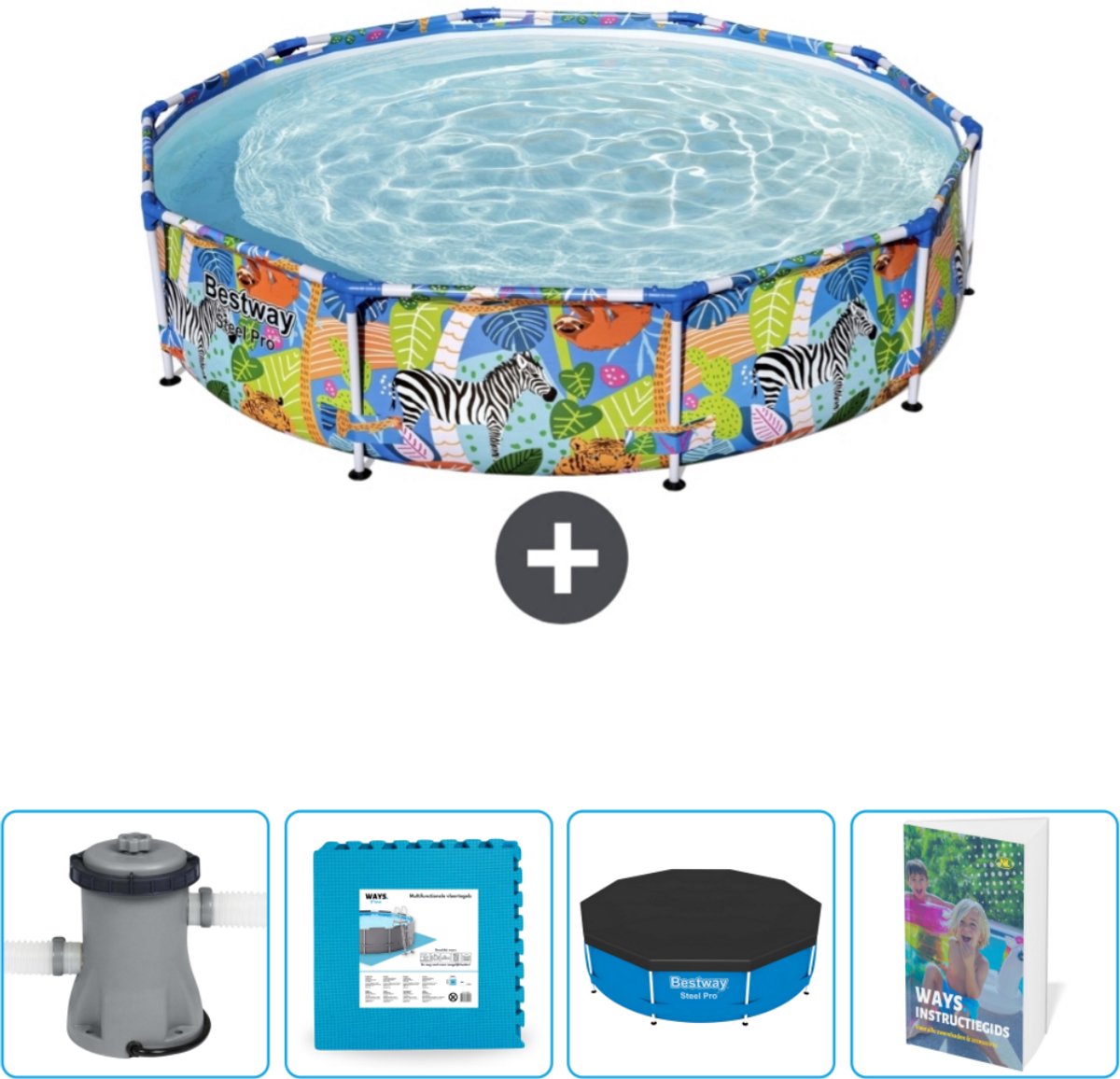 Bestway Rond Steel Pro Zwembad – 305 x 66 cm – Jungleprint – Inclusief Pomp – Vloertegels – Afdekzeil – Zwembadgids Bestway Rond Steel Pro Zwembad – 305 x 66 cm – Jungleprint – Inclusief Pomp – Vloertegels – Afdekzeil – Zwembadgids