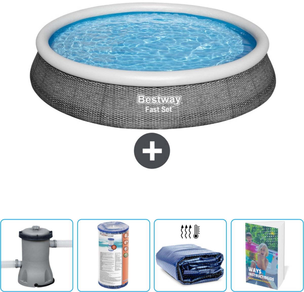 Bestway Rond Opblaasbaar Fast Set Zwembad - Rotanprint - 396 x 84 cm - Inclusief Pomp Filter - Solarzeil - Zwembadgids