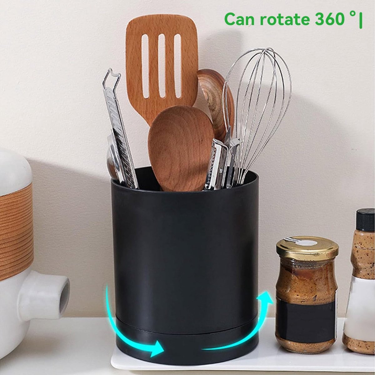 Ibenzoa® Keuken Organizer met 360 Graden Draaibare Houder voor Keukengerei en Bestek in Stijlvol Zwart