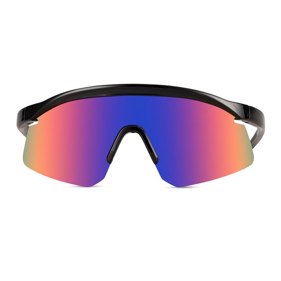Zwarte sportbril met semi-randloos montuur en multicolor spiegelglas, reflecterend oranje, paars en groen.