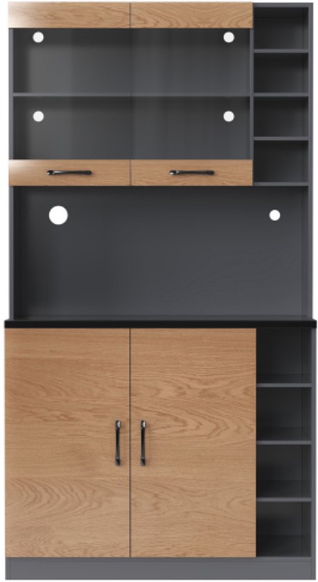100 x 47 x 187 cm, keukenkast, buffet met led-sfeerverlichting en kabelgaten, highboard van hout, grote ruimte voor magnetron, vrijstaand, in hoogte verstelbare zijdelingse opbergvakken (wit