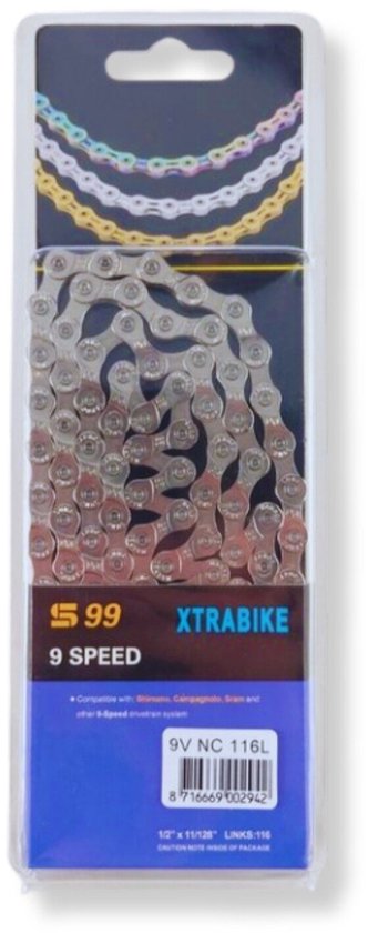 Verpakking met Xtrabike 9-speed fietsketting, 116 schakels.