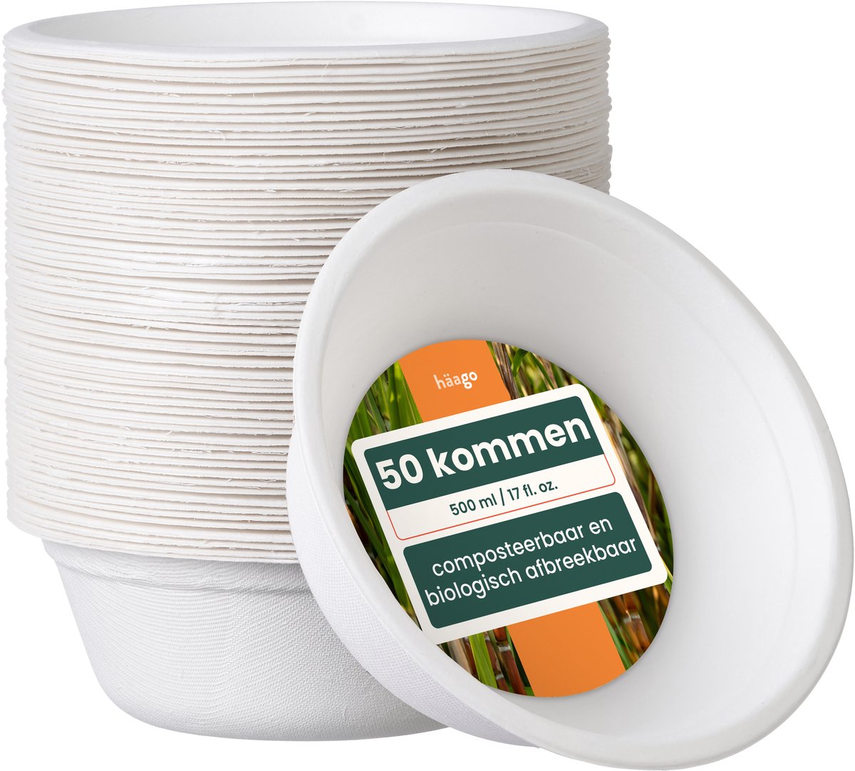 HÄAGO 50 Stevige Kartonnen Kommetjes van Suikerriet (⌀ 15,5cm) - Magnetronbestendig, Milieuvriendelijk, Biologisch Afbreekbaar - Perfect voor Picknicks, Buffetten, Barbecues