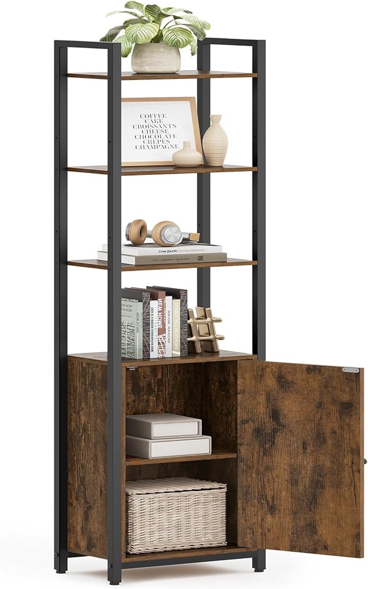 Vasagle Boekenkast Smal met Deur - Industrieel - Verstelbare Planken - 40x24x159,5 cm - Bruin/Zwart