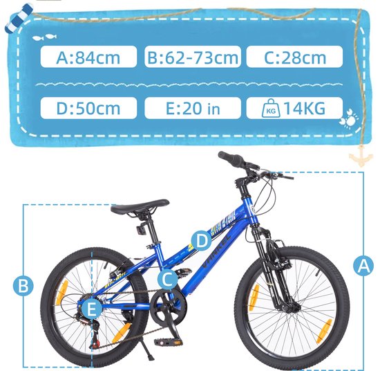 VANKEL Fiets Bike Kinderfiets - 20 inch - 6 Versnellingen - Kettenschakeling - V-brakes - voor Kinderen vanaf 6-9 Jaar- Sportief Ontwerp - Blauw van VANKEL — afbeelding 5