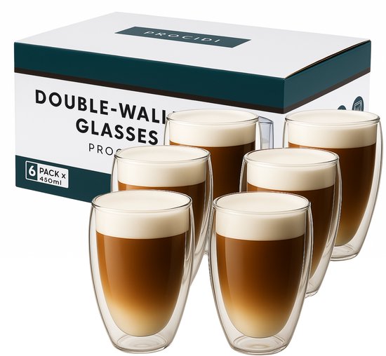 Procidi® Verres à Double Paroi - Verres à thé - 450 ml - 6 pièces - Verres à Latte Macchiato / Cappucino - Verres à café à Double Paroi - Sachets de Café - Passent au Lave-Vaisselle