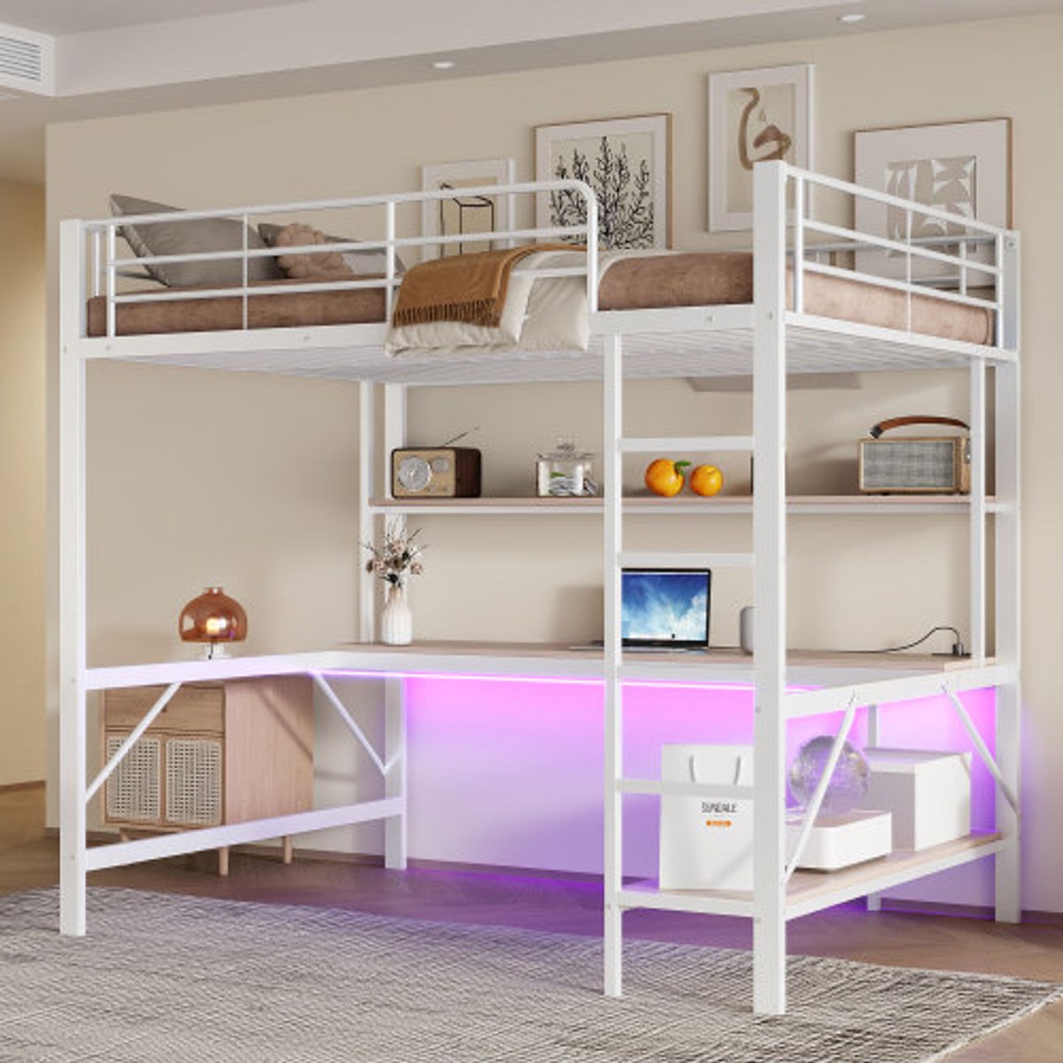 Hoogslaper voor kinderen 90 × 200 cm, met L-vormig bureau, plank en lades, USB/Type Hoogslaper voor kinderen 90 × 200 cm, met L-vormig bureau, plank en lades, USB/Type