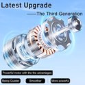 Close-up van een krachtige motor van een zit-sta bureau. 'Latest Upgrade - The Third Generation'.