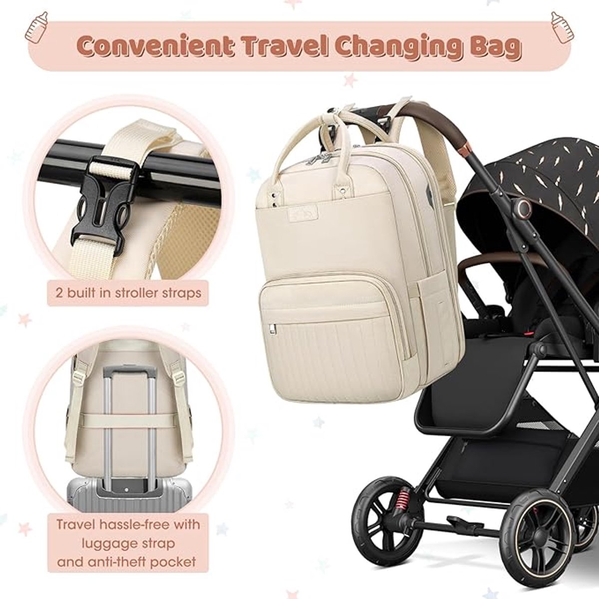 Famanu - Luierrugzak voor baby's, grote luiertas, babytas, rugzak met kinderwagenriemen en luieronderlegger, voor onderweg, Beige – foto 2