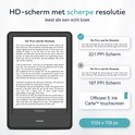 Zwarte e-reader toont "HD-scherm met scherpe resolutie" en specificaties