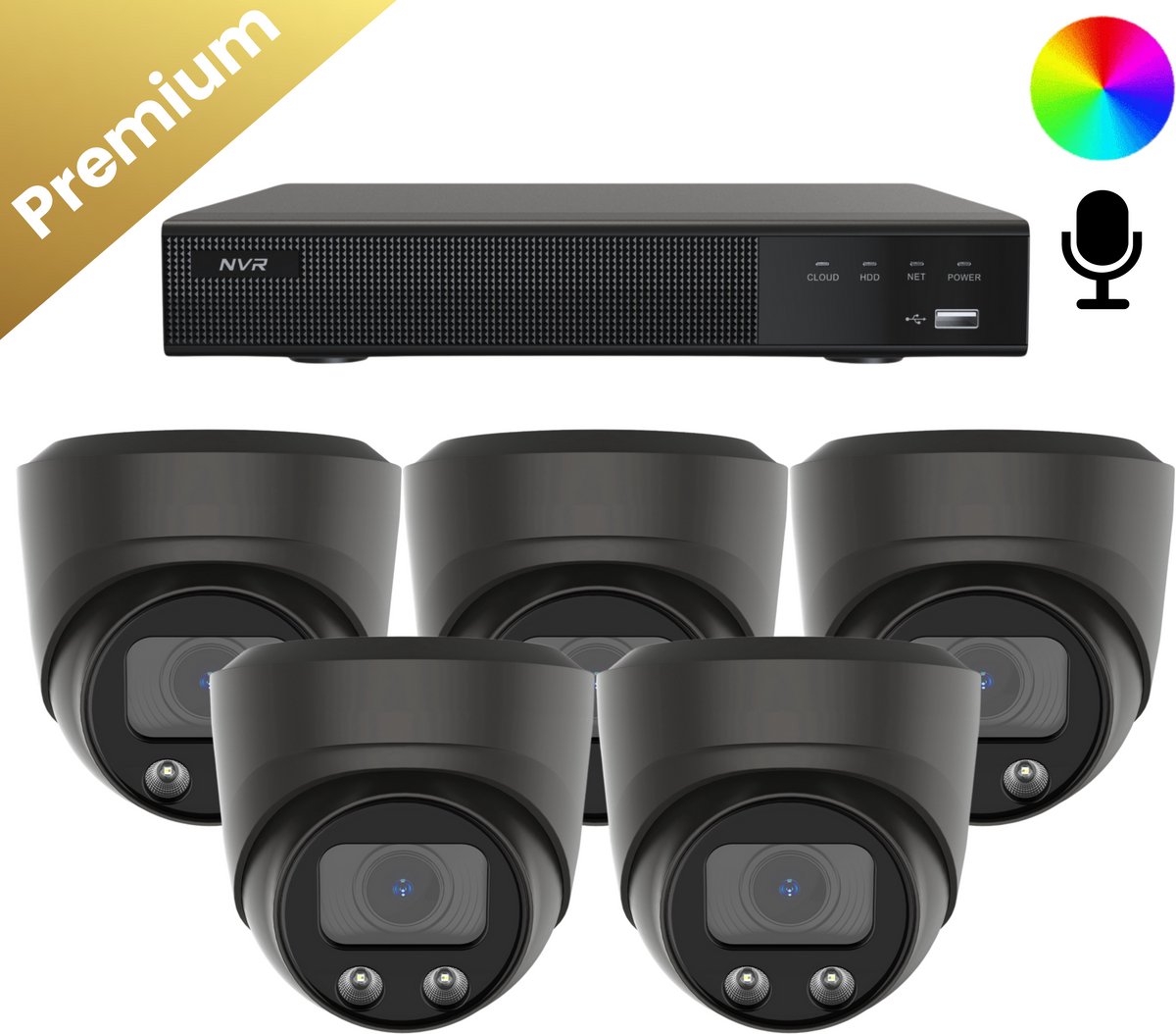 5x Beveiligingscamera set – Bedraad – Sony Dome Premium AI-ISP 8MP Full Color UltraHD 4K – Zwart