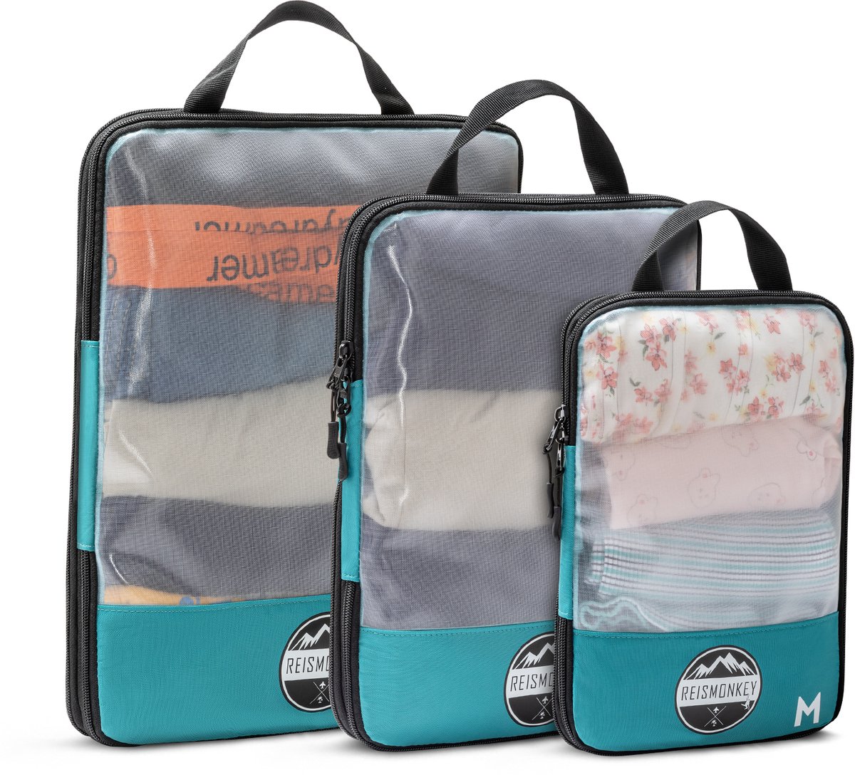 Reismonkey Packing cubes transparant - Turquoise - Met compressie - Kofferorganizer - set van 3 - waterafstotend