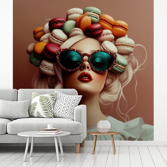 Behang - Fotobehang Vrouw - Macarons - Bril - Breedte 220 cm x hoogte 220 cm