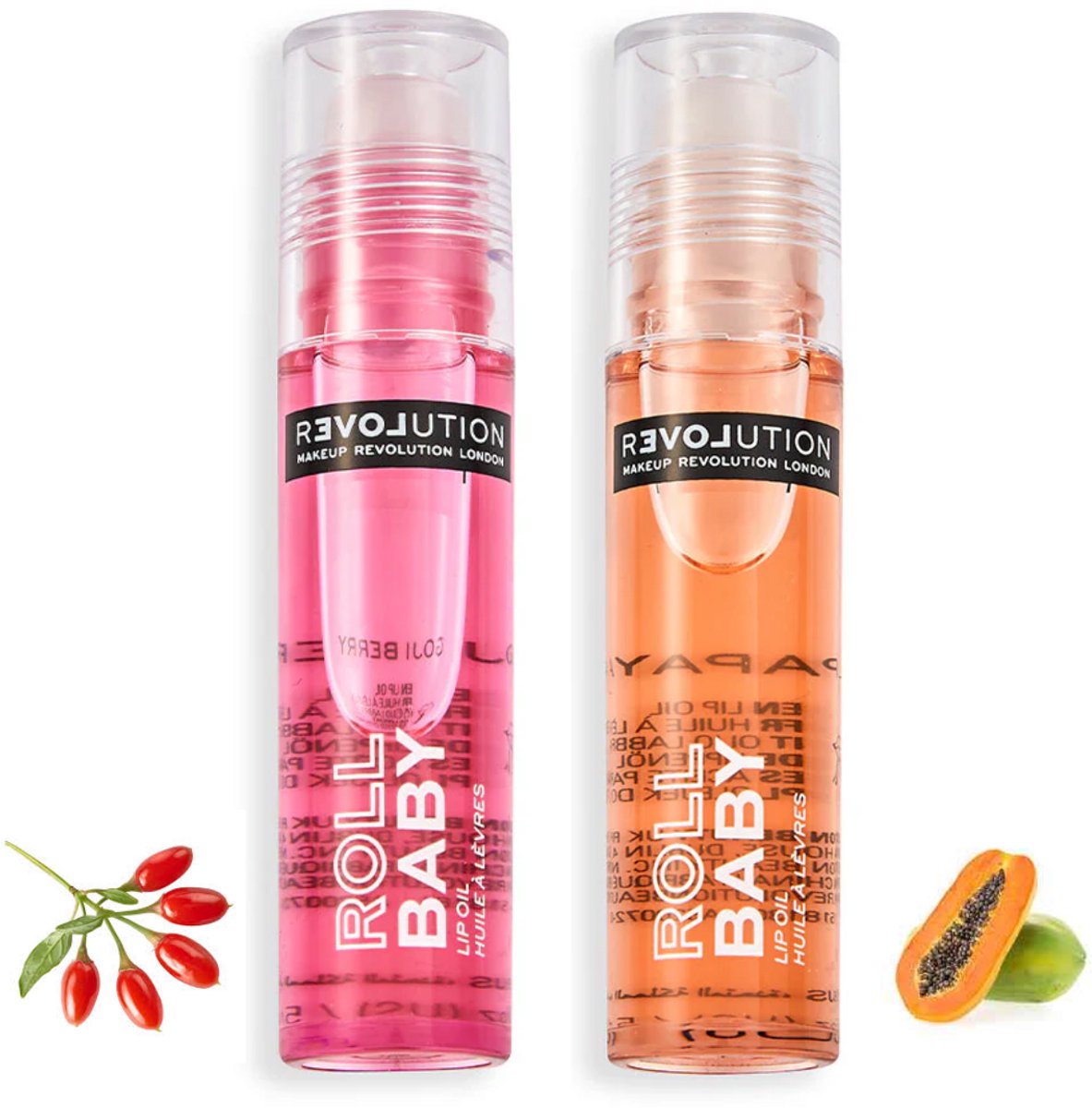 Relove By Revolution Roll Baby Lip Oil - Papaya en Goji Berry Smaak - Lipolie Roller - Geschikt voor over Lipstick - Hydraterende Lip Oil - Verzorgende en Zachte Lippen - Vegan Lipoil - 2 x 5 ml
