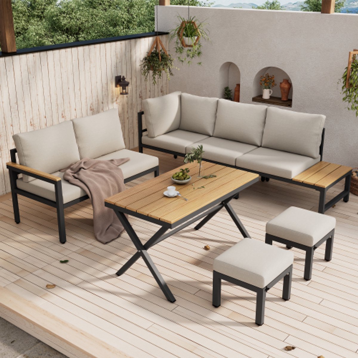 Tuinset, tuinloungestoelset, 4-delige set. Tuinmeubelset, hoekbank, 2 krukken, eettafel, kunststof-houten tafelblad met planken, gegalvaniseerd staal, grijs