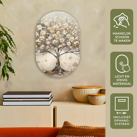 Ovaal kunstwerk met een beige, gouden en grijze boom, met iconen voor makkelijk schoonmaken, licht en stevig materiaal.