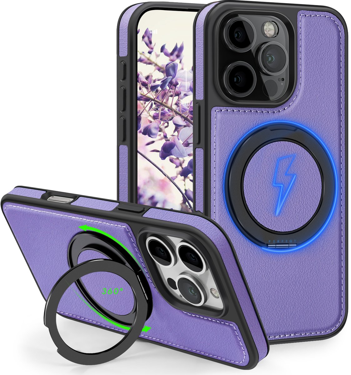 Perfeqt hoesje geschikt voor iPhone 16 Pro Max leren BackCover met 360° Kickstand & Keyring houder - Soft Lavender