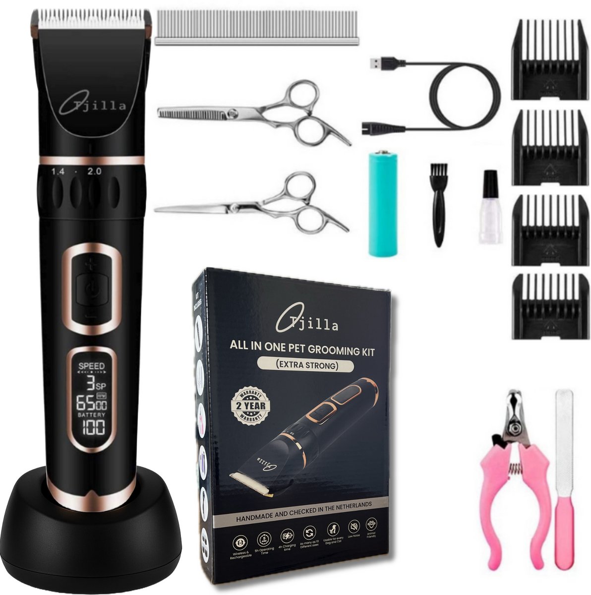 Tjilla D100+ Dieren tondeuse / Honden tondeuse Set Extra Stil - Dock station - Lang of kortharige huisdieren katten & honden - Draadloos - Katten tondeuse - Simpel in gebruik - Complete set
