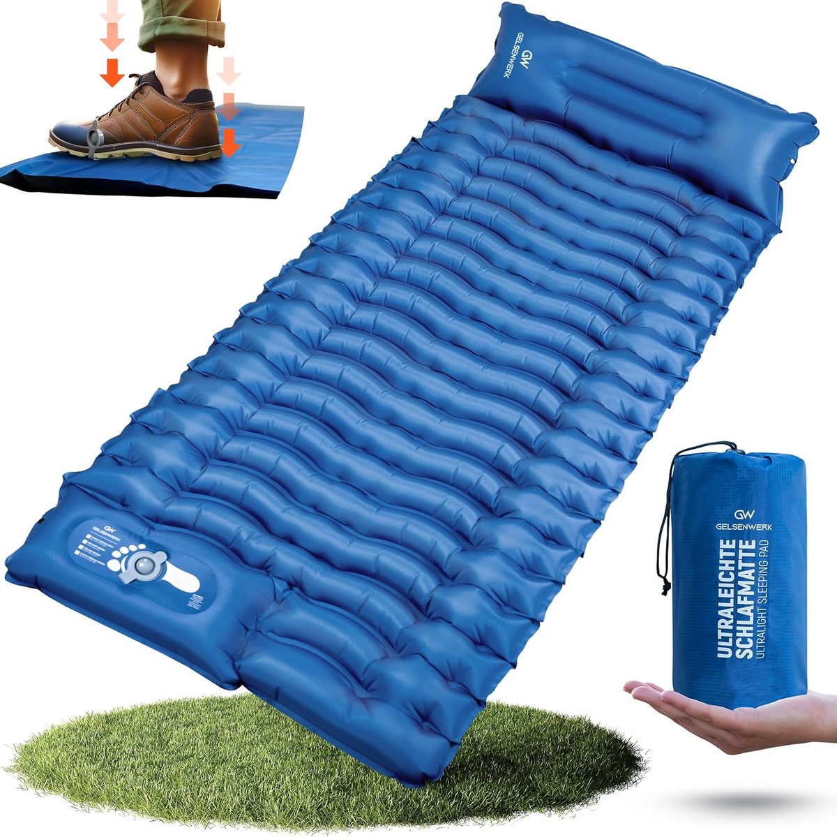 Opblaasbare ultralichte slaapmat met voetpomp en kussen - compact voor camping en wandelen