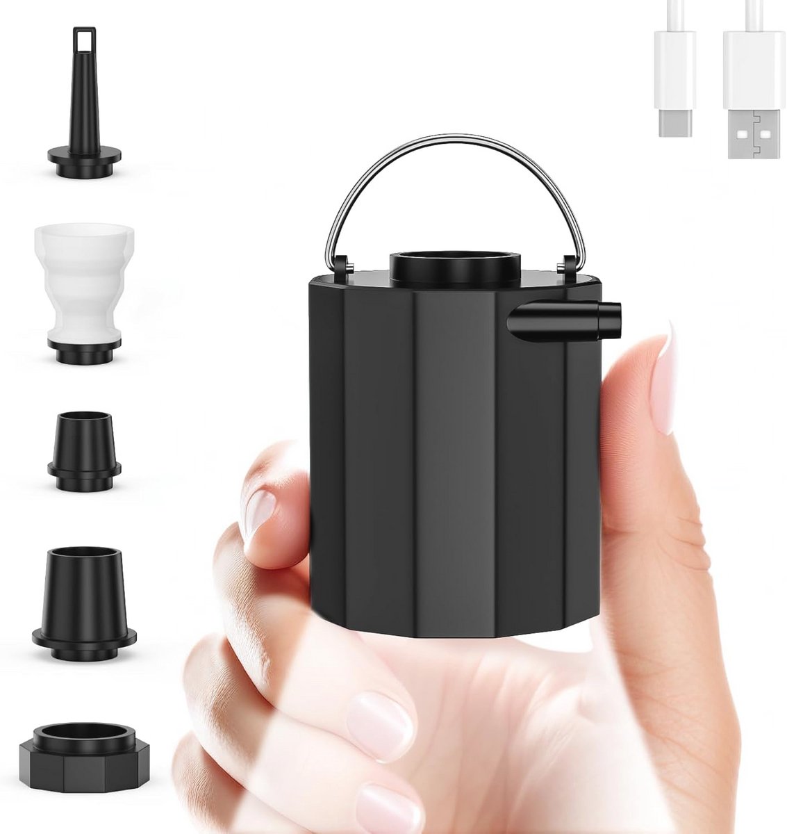 Draagbare elektrische luchtpomp met ingebouwd campinglicht - USB-oplaadbaar en 1600 mAh accu voor luchtmatrassen en meer