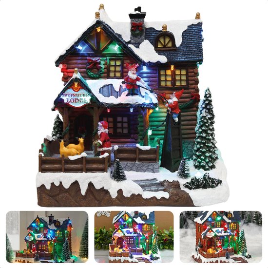 Cheqo® Kersthuisje Polyresin - Kersthuis - Kerstdecoratie Huisje - Kersttafereel - Kerstdorp Huis - Verlicht en Muziek -Draaiende Rendieren