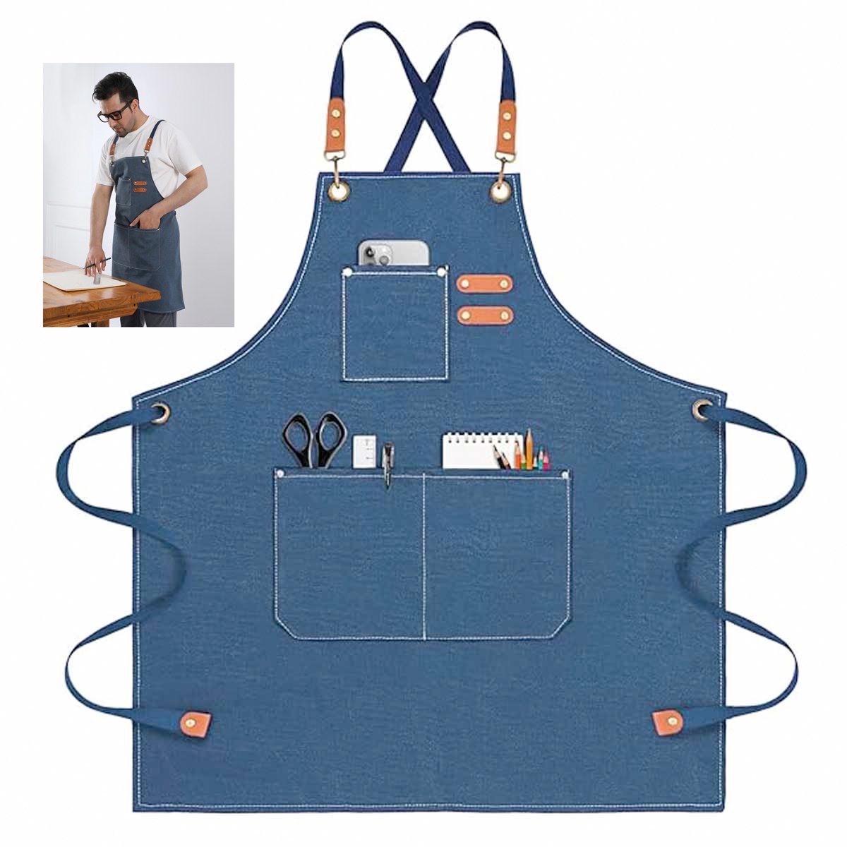Schort voor mannen en vrouwen-Waterdichte-Katoen Canvas Cross-Kappers Schort-schort verstelbaar-Voor keuken-Tuin-Cafe-BBQ M-XXL (Blauw)