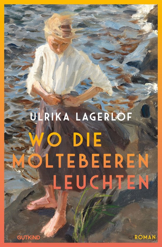 Boekcover met schilderij van een vrouw in witte blouse en bruine rok, staande bij water. Titel: Wo die Moltebeeren leuchten.