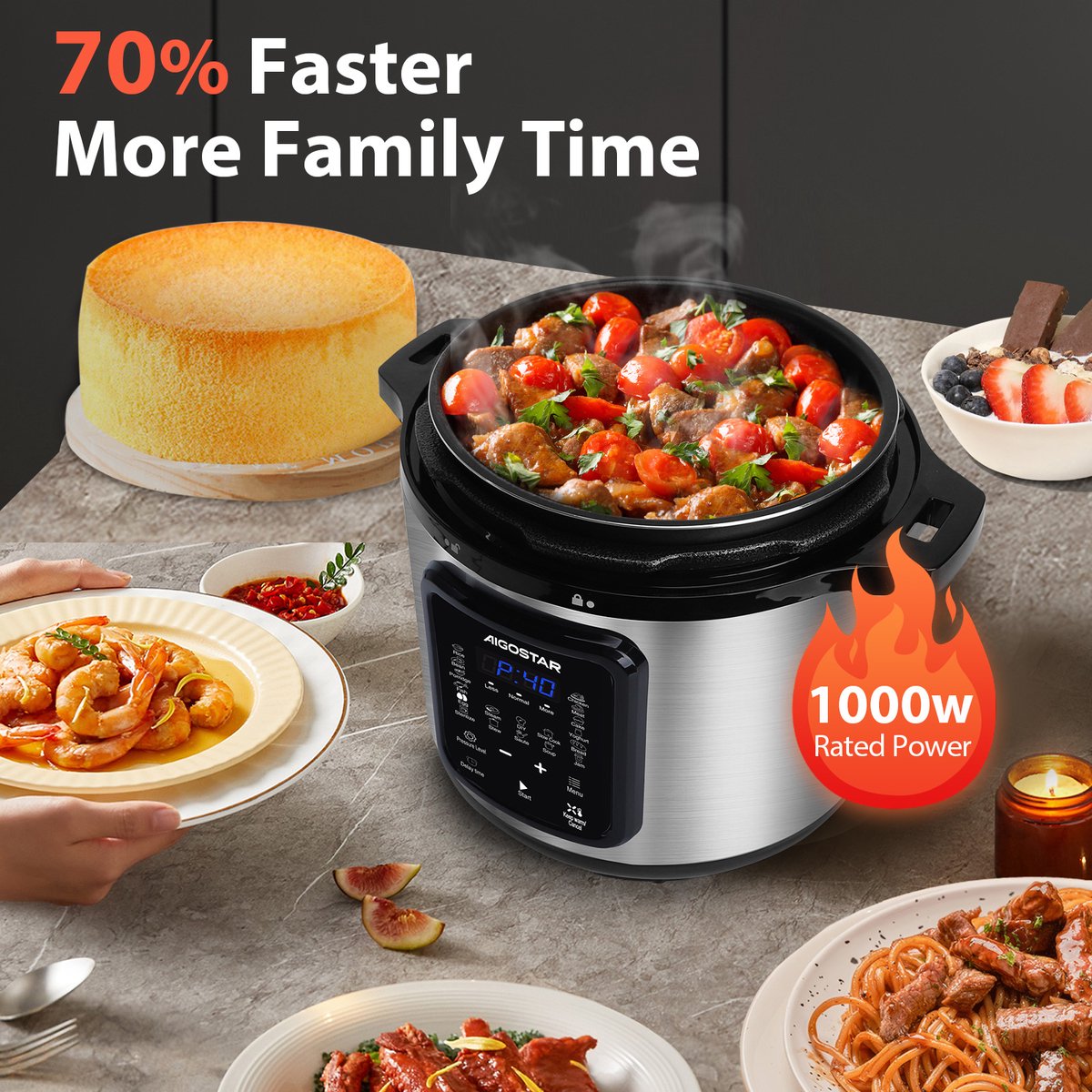 Afbeelding 2 van Aigostar Derrick - Pressure Multicooker - 6 Liter - Snelkookpan - Slow Cooker - Rijstkoker - Stomer