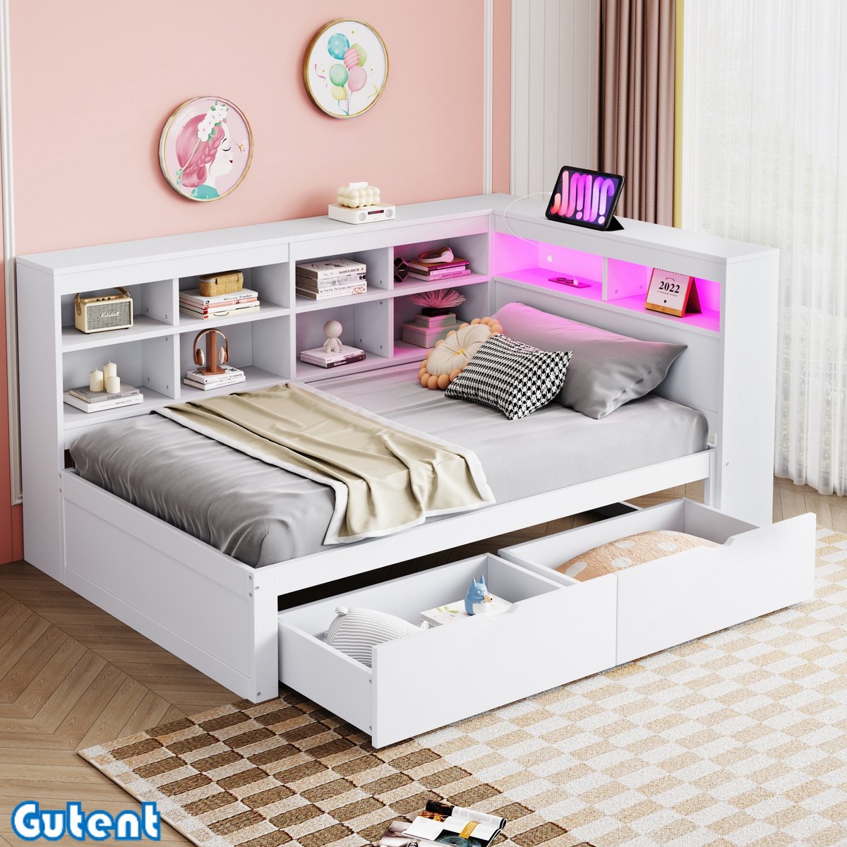 Gutent Slaapbank - 90*200 cm - met opbergvak - met USB en LED-strip - Eenpersoons houten bed - Wit - Zonder matras