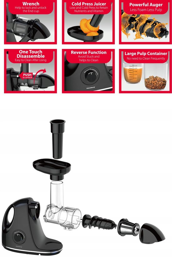 Klausberg Slow Juicer KB-7861 - 150W - Cold Press - Stille Juicer voor Groente, Fruit & Kruiden - BPA-vrij - Zwart - 700ml van Klausberg — afbeelding 4