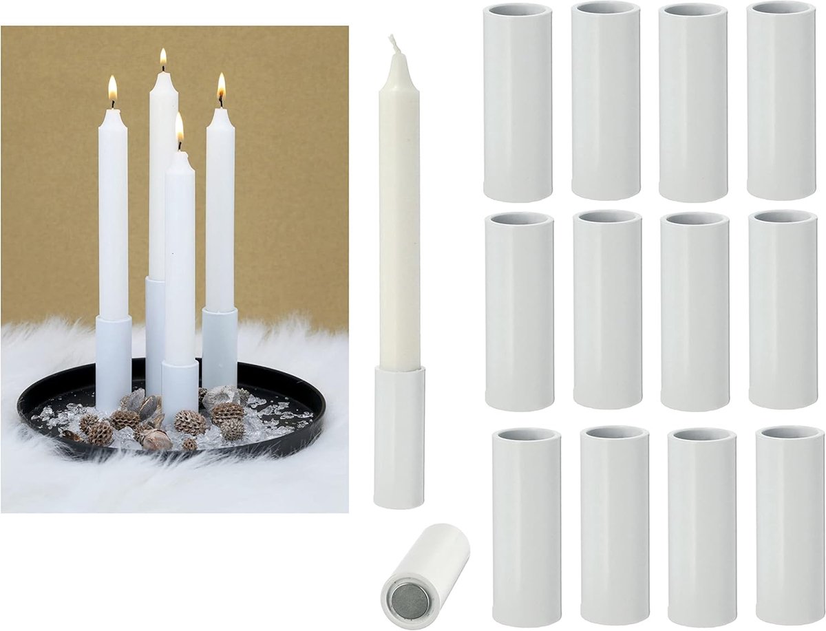 Novaliv 12x magnetische kaarsenhouders wit 2,8x7,5cm kerstdecoratieve schaal kaarsenhouder magneet kaarsenhouder tafelkaarsen stokkaarsen tafeldecoratie adventskrans kaarsenhouder woonkamerdecoratie