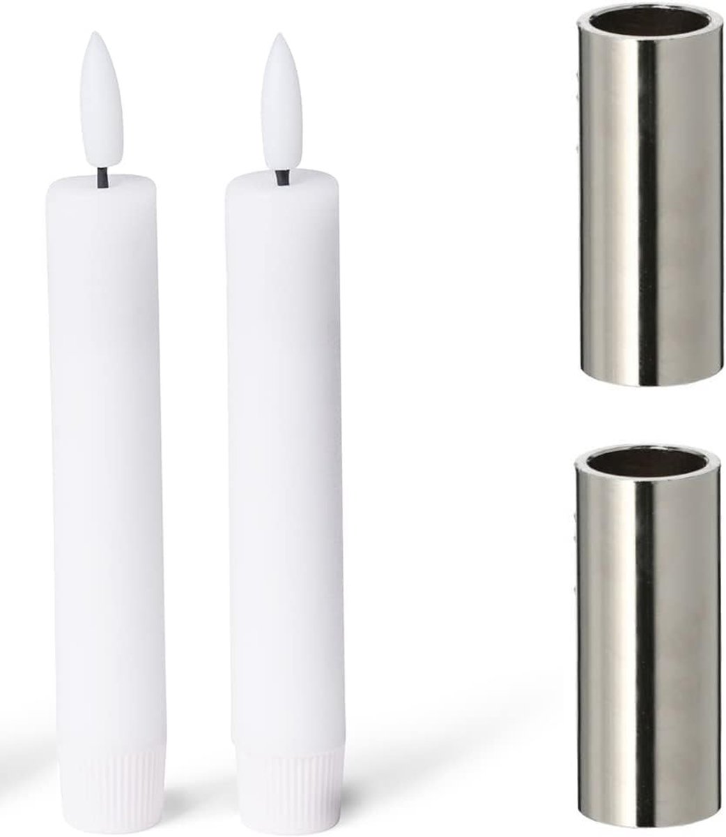 Novaliv Set van 2 magnetische kaarsenhouders, stokkaarsen, tafelkaarsen, zilver 2,5 x 5 cm met premium LED-kaarsen, vlamloos, echte was, adventskrans kaarsenhouder, kersttafeldecoratie wit