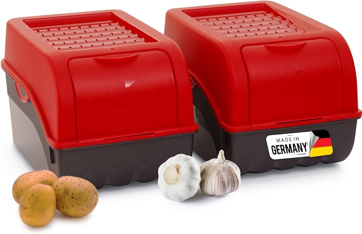 Aardappelbewaardoos | 2x middel 5L | ROOD | Aardappeldoos | Stapelbare groentekist, uienkist, aardappelmand, fruitkist, aardappelkist, uienopslag, voedselcontainer, wortelen