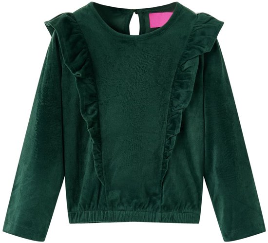 Donkergroene fluwelen blouse met lange mouwen, ruches aan de voorkant en elastische boorden.