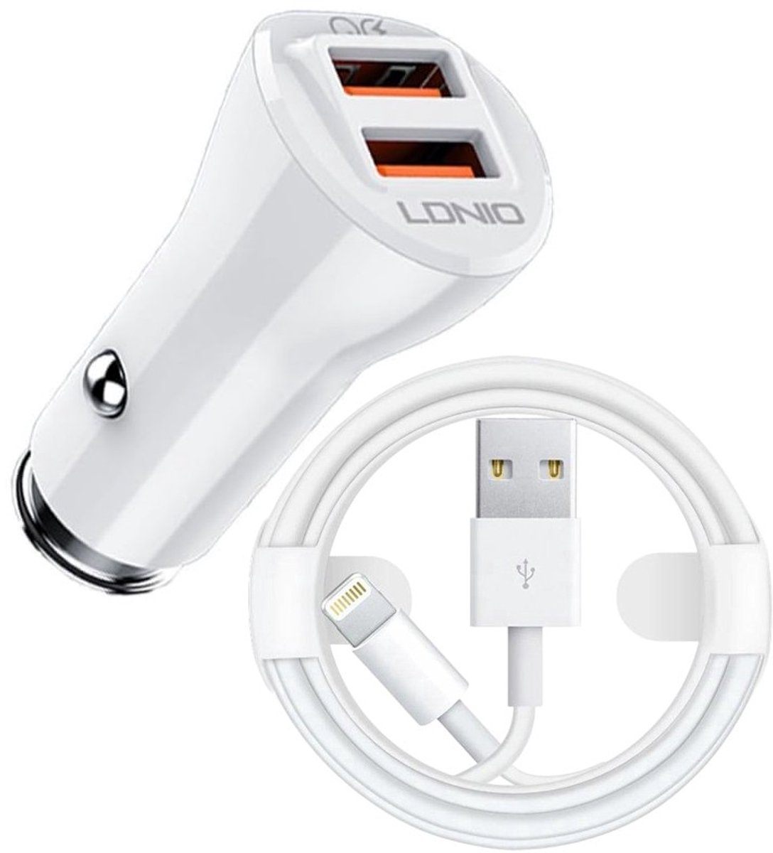 Auto Oplader - USB A naar Geschikt voor: Lightning Kabel (1M) wit & Auto Stekker - USB A Snel Lader 36W - Autolader