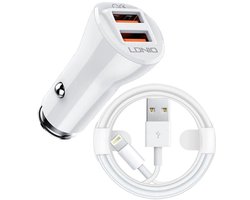 Auto Oplader - USB A naar Geschikt voor: Lightning Kabel (1M) wit & Auto Stekker - USB A Snel Lader 36W - Autolader