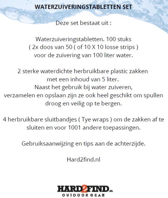 Set waterzuiveringstabletten: 100 stuks, 2 waterdichte zakken van 5 liter, 4 ty-wraps. Gebruiksaanwijzing op achterzijde.