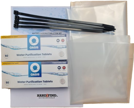 Waterzuiveringstabletten set: 2 dozen à 50 tabletten, 2 documenten, 4 ty-wraps, 3 lege plastic zakken. Text op dozen: "Oasis Water Purification Tablets".