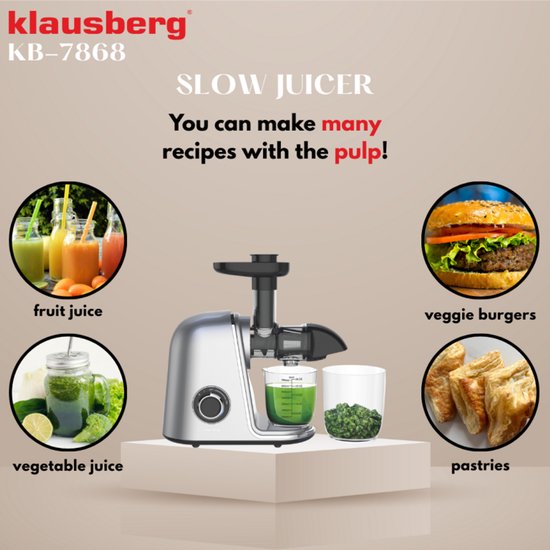 Klausberg KB-7868 Slow Juicer - 150W - Cold Press - Groenten en Fruitpers - Met Pulpreservoir - Grijs - Stille Horizontale Juicer met 7-Traps Perssysteem van Klausberg — afbeelding 3