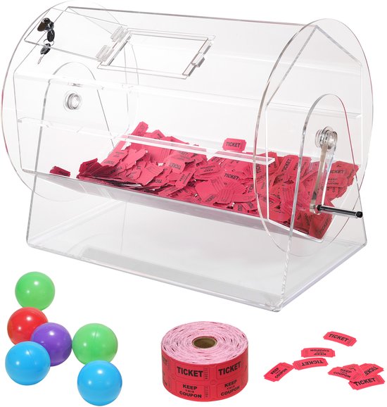 Transparante acryl loterijmachine gevuld met rode loten, met extra rode loten, een rol rode loten en gekleurde ballen.