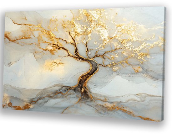 Arbre abstrait aux accents dorés - Peinture d'arbre sur toile - Art mural nature - Art abstrait - Peintures classiques - Art mural - toile 60x40 cm