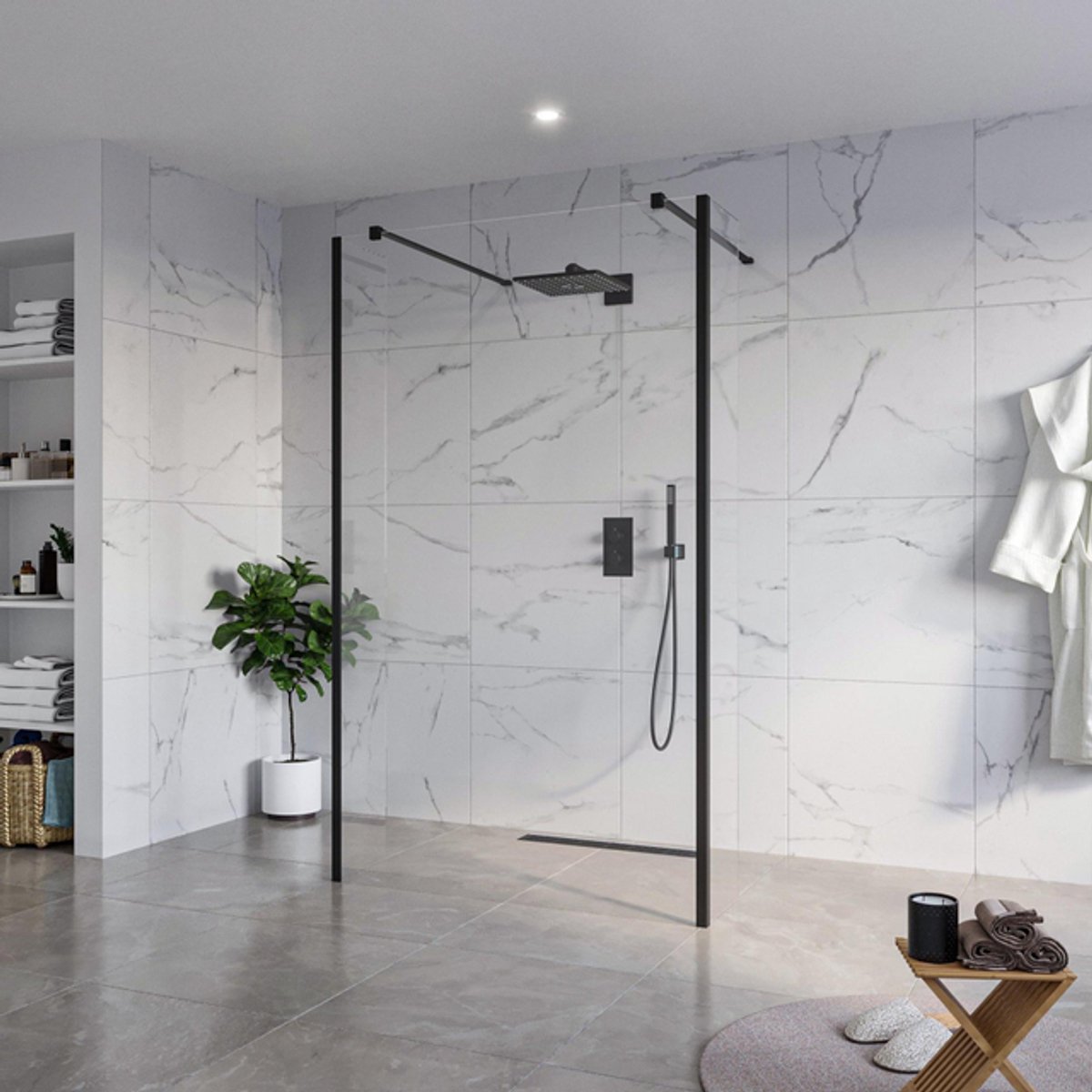 FugaFlow Eccelente Vetro Vrijstaande inloopdouche badkamer - 120x200cm - Helder - antikalk - 8mm veiligheidsglas - 2 zijwanden 30cm - met wandarmen en hoekprofielen - Zwart mat -