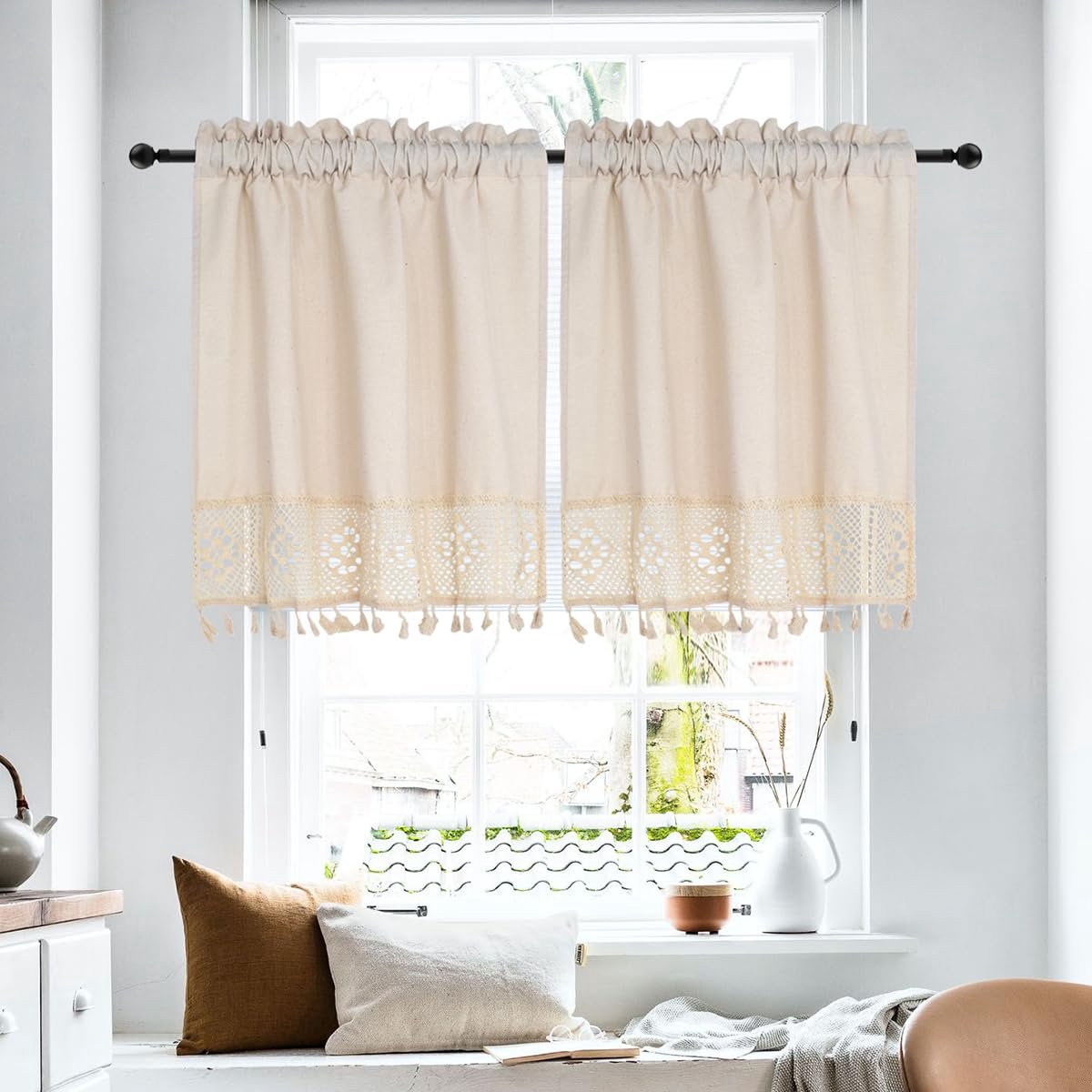 Ibenzoa Stijlvolle Korte Boho Gordijnen met Kwastjes voor Keuken en Slaapkamer beige