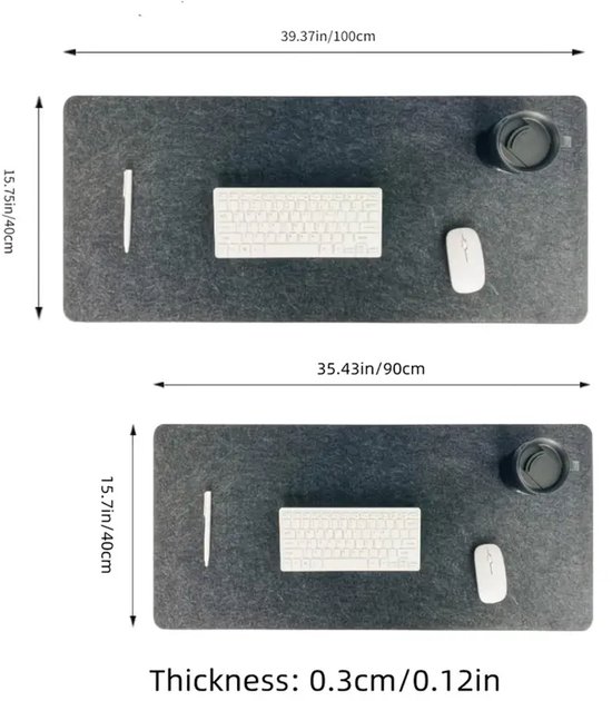 Grote vilten bureaumat, antislip bureauonderlegger, beschermer voor toetsenbord, bureauaccessoires voor thuis en op kantoor (zwart grijs, 120 x 60 cm