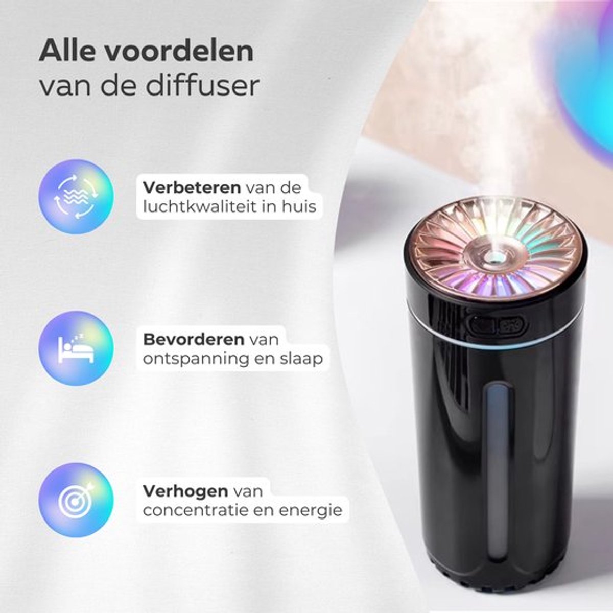 COCHO® Aroma Diffuser Draadloos 300ML - USB Humidifier - Luchtbevochtiger Met ultrasone - Zwart met led-verlichting - Voor kantoor, thuis, in de auto — cadeau in Wonen & Interieur - foto 2