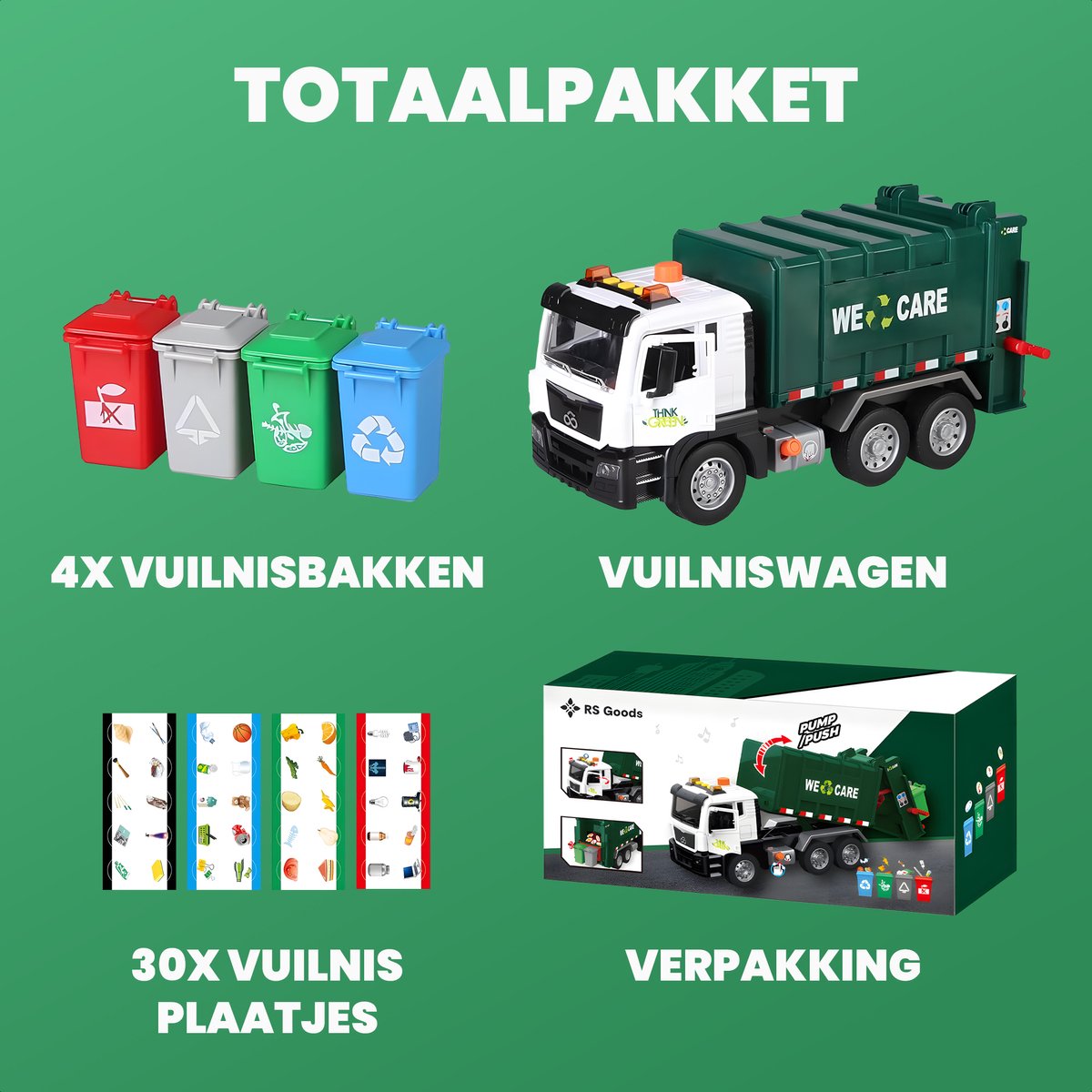Speelgoed Truck Vuilniswagen - Met 4 Kleine Vuilnisbakken - Speelgoed Autos Jongens - Auto Speelgoed - Speelgoed 2 Jaar - Speelgoed 3 Jaar - Speelgoed 4 Jaar - Jongens Speelgoed — afbeelding 7